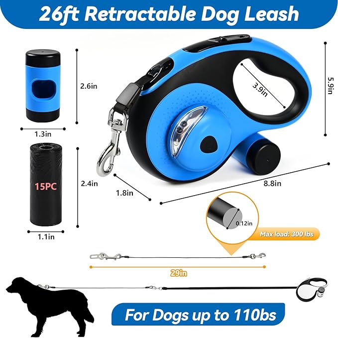 Heavy Duty Retractable Dog Leash for Large Dogs, 26ft Dog Leash with Poop Bag Holder, Up to 110lbs, chew Proof Cable, LED Light, 360° No-Tangle, One-Handed Pause & Locked. (Blue, L 26ft)