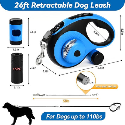 Heavy Duty Retractable Dog Leash for Large Dogs, 26ft Dog Leash with Poop Bag Holder, Up to 110lbs, chew Proof Cable, LED Light, 360° No-Tangle, One-Handed Pause & Locked. (Blue, L 26ft)
