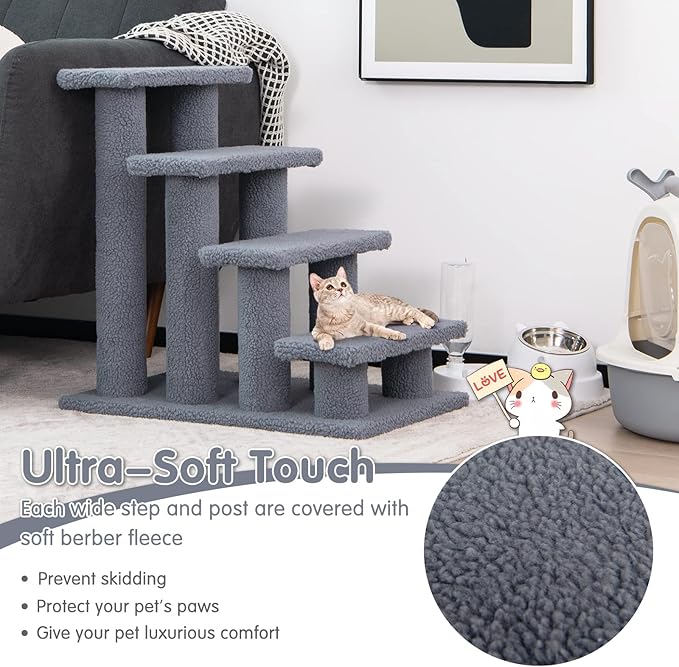Tangkula Pet Stairs for Cats and Dogs, 4-Step Carpeted Ladder Ramp Cat Climber Cat Scratching Post, Multi-Step Dog Stairs for High Beds, Couch (Grey)