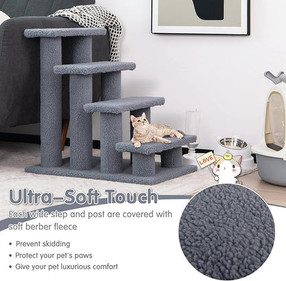 Tangkula Pet Stairs for Cats and Dogs, 4-Step Carpeted Ladder Ramp Cat Climber Cat Scratching Post, Multi-Step Dog Stairs for High Beds, Couch (Grey)