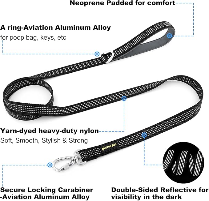 Plutus Pet Heavy Duty Dog Leash with Lockable Aluminum Carabiner, 4/6 Feet Long, Double-Sided Reflective Nylon, Padded Handle, for Puppy, Small, Medium and Large Dogs (Black, 4/5" x 4')