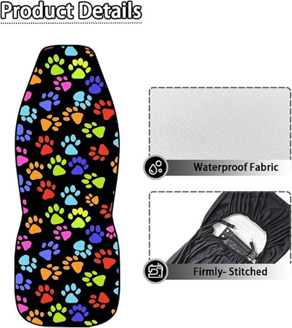 Colorful Paw Print Car Seat Covers Set of 2 Cute Waterproof Front Seat Covers Stretch Polyester Fabric Automobile Accessory Universal Fit for Truck Van SUV
