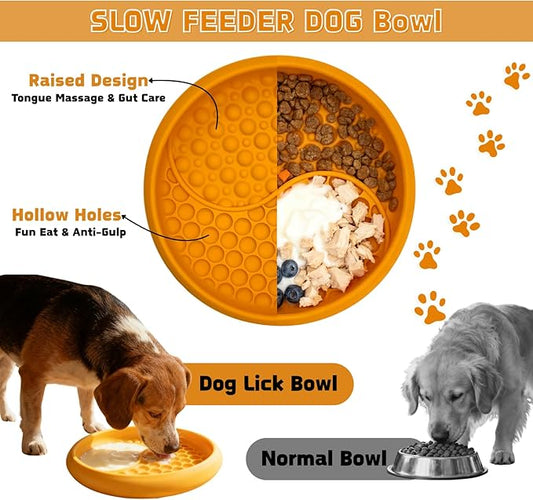 Dog Lick Bowl, Non-Slip Slow Feeder Dog Bowl, Silicone Licking Mat with Treat Dispenser, Entertainment Dog Puzzle Play, Feeder Bowl to Relieve Anxiety, Dishwasher Safe,with Brush & Spatula (Orange)