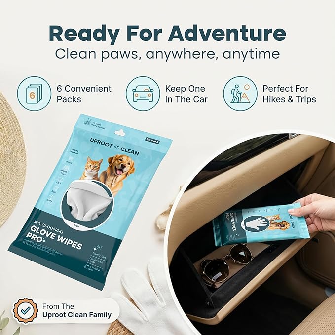 Uproot QuickClean Gloves Pro: 1 Month Supply - Extra-Thick Pet Glove Wipes for Dogs & Cats - Easy Wipe Paws, Eyes, Ears, Butt, & Body - Lick-Safe - Cleaning, Deodorizing & Grooming (6 Pack)
