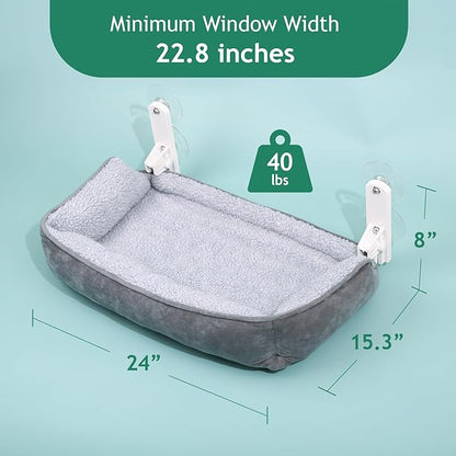 Zakkart Foldable Cat Hammock for Window with Bolster - Cordless, Fold-Up, Three-Side Bolstered Machine Washable Fluffy Bed, Robust Metal Frame - Cat Window Perch for Large Cats and Kittens - Gray