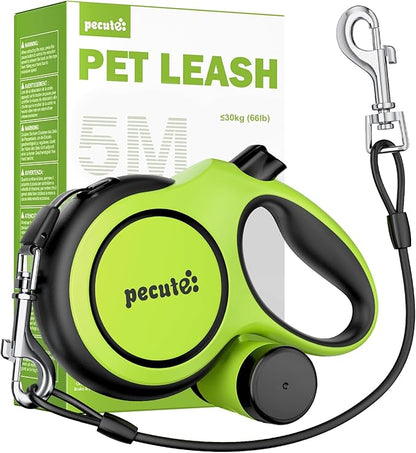 Pecute 16ft Retractable Dog Leash with 18'' Chew Proof Steel Cable for Power Chewers & Pullers, Heavy Duty Locking for Medium/Large Dogs 33lbs-110lbs, Anti-Tangle & Poop Bag Holder Included(Green)