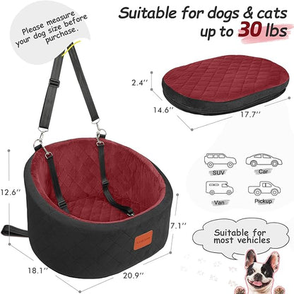 Lealchum Dog Car Seat for Small Dogs Up to 30 Lbs,Ultra Soft Fabric Fill in Comfy Memory Foam,Happy Pet Ride,2 Safety Dog Leashes,Fully Detachable and Washable,Anti Slip Base(Black/Red)