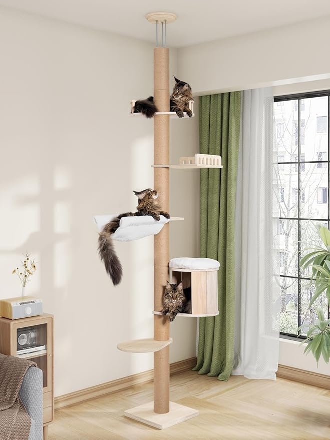 Tall Floor to Ceiling Cat Tree for Large Cats, Cat Tower with Scratching Post, Adjustable Height(82-122 in), Large Condo Cave Bed and Hammock for Indoor Cats, Cat Climbing Pole, Wood