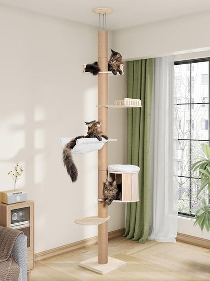 Tall Floor to Ceiling Cat Tree for Large Cats, Cat Tower with Scratching Post, Adjustable Height(82-122 in), Large Condo Cave Bed and Hammock for Indoor Cats, Cat Climbing Pole, Wood