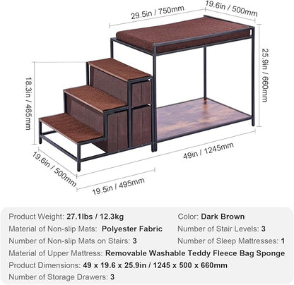 VEVOR Pet Bunk Bed with Stairs, Dog/Cat Window Perch with Storage, Multi-Level Bed Window Perch Dog Bedside Sleeper Couch, Pet Seat Platform for Medium Size Pet, Indoor Use (Dark Brown)