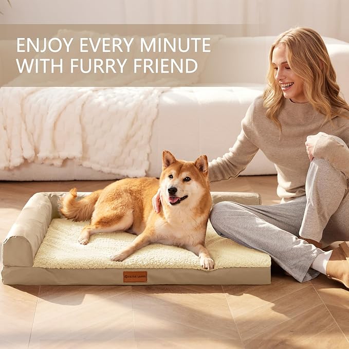 Patas Lague Orthopedic Jumbo Dog Bed for Extra Large Dogs 56''X40'', Waterproof L Bolster Pet Sofa Beds with Removable Washable Cover, Soft Comfortable Pet Couch Crate Mat with Nonskid Bottom, Cream