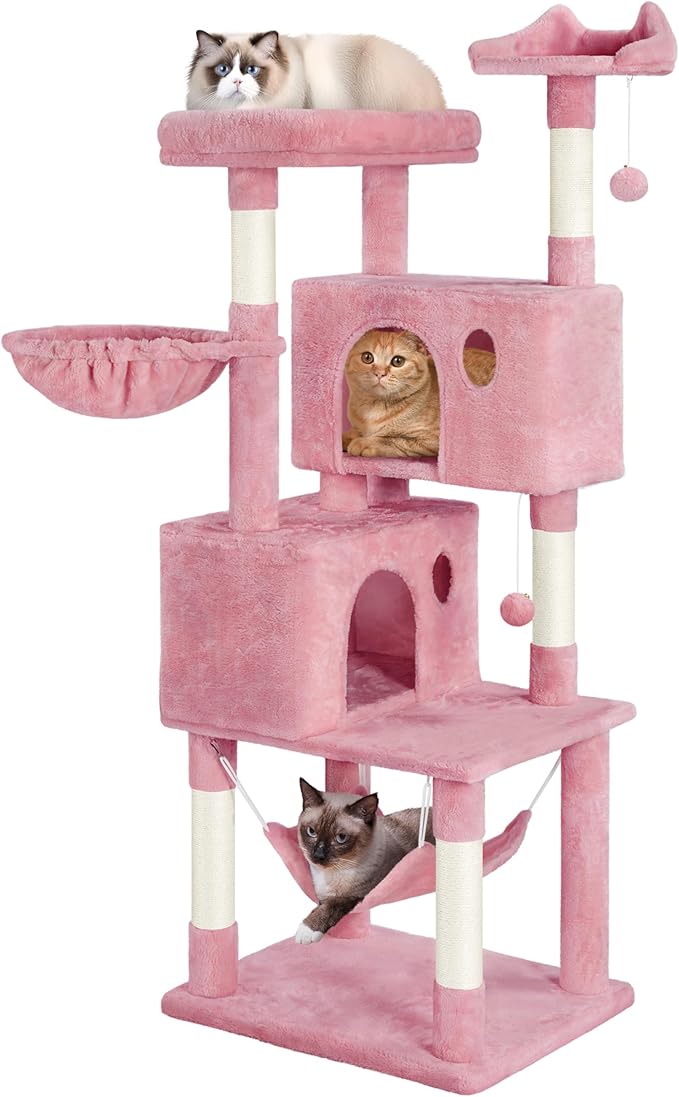 Yaheetech Multi-Level Cat Tree, Large Cat Tower with Condos Platform, Cat House Cat Tree for Medium Cats Pink, 64.5in