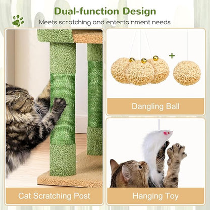 Globlazer Cactus Cat Trees and Towers for Multiple Adult Cats, 82-inch XXL Tall Cat Tree Tower for Indoor Cats with Scratching Post, 3 Perches, 2 Condos, 2 Hanging Baskets, F82, Green