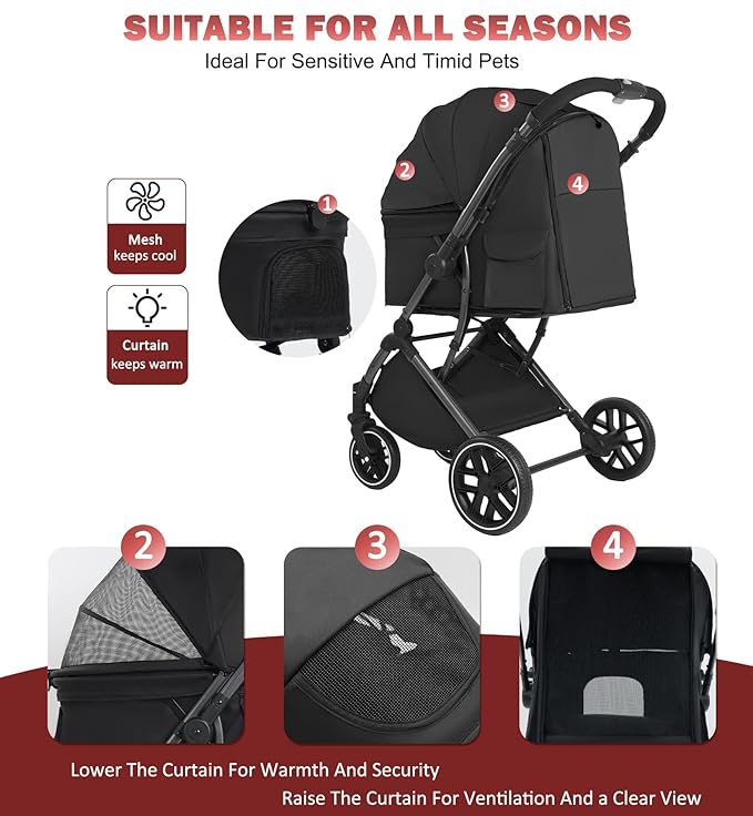 Small Dog Stroller, Pet Stroller for Small Dogs up to 55lbs- Fold All in One Without Detaching Carrier, Cat Stroller with Reversible Handle,Cup Holder (Black)