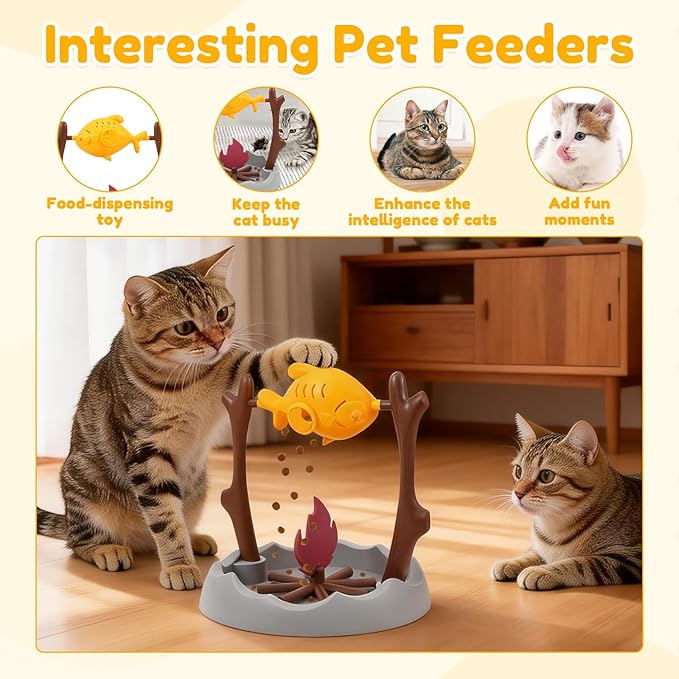 Cat Puzzles Feeder Toy, Cat BBQ Toy Treat Dispensing Slow Feeder Bowl Unique Rotatable Fish and Flame Cognitive Training Game Enrichment Interactive Stimulation Toys for Indoor Kitty