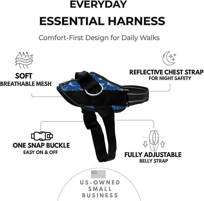 ShawnCo Essential Dog Harness, No-Pull Pet Vest with 3 Leash Clips, No Choke, Reflective, Adjustable and Padded, for Easy Walking and Training for Small, Medium and Large Dogs (White Sharks, XL)