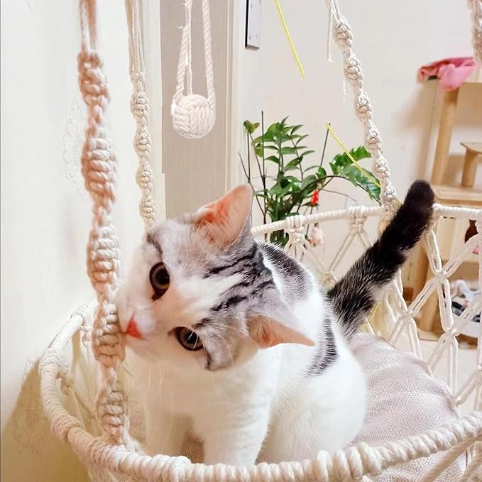 VINGVO Macrame Cat Hammock Bed, 58.27" Handwoven Pet Hanging Swing Bed with Hook for Wall, Foldable Kitten Window Perch for Indoor Outdoor Sports Playing Sleeping Climbing Lounging
