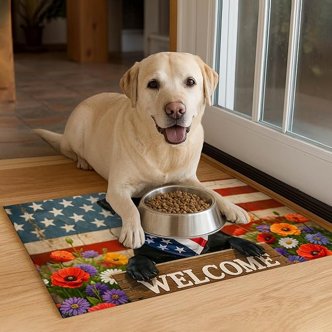 4th of July Flag Dog Pet Food Mat Independence Day Spill-Proof Pet Feeding Mat Welcome Dog Bowl Mats Pets Placemat Cat Food Mats for Home Decor 24" x 16"