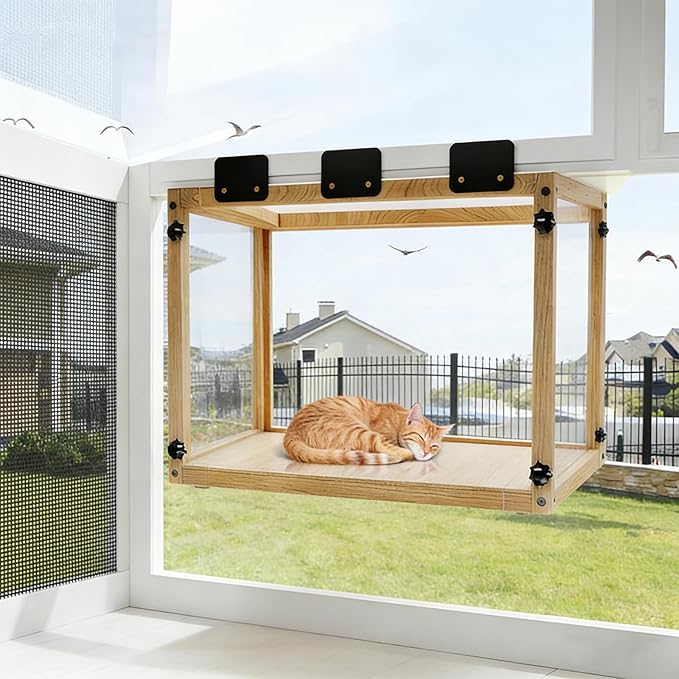 Wooden Cat Window Box, Sturdy Cat Perch Catio for 24-35 Inch Window, Window Catio for Indoor Cats for Pet Family, Fits Sunbathing Napping Overlooking, Easy Assemble, Natrual Wood