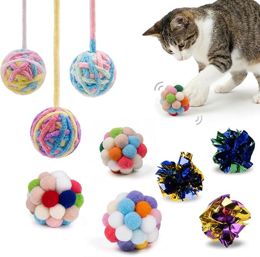 9 Pack Cat Toy Balls for Indoor Cats, Pom Pom Fuzzy Balls with Bells, Wool Yarn Toy with String, Mylar Crinkle Balls Interactive Kitten Toys for Indoor Cats Chase and Play Keep Busy Stress Relief