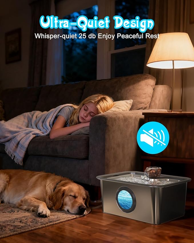 3-Gallon Large Dog Water Fountain with Filter, Stainless Steel Automatic Pet Fountain, Ultra Quiet Pump & Easy-Clean Top for Big Dogs, Cats, Multiple Pets