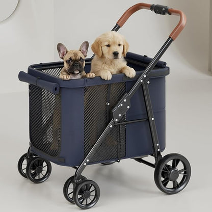 Dog Stroller for Large & Medium Dogs, Pet Stroller for 2 Small Dogs Up to 80 Lbs, Extra Large Heavy Duty, Folding & Breathable, All-Terrain Wheels, Navy Blue