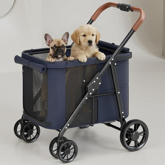 Dog Stroller for Large & Medium Dogs, Pet Stroller for 2 Small Dogs Up to 80 Lbs, Extra Large Heavy Duty, Folding & Breathable, All-Terrain Wheels, Navy Blue