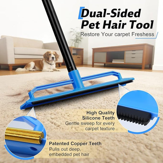 Carpet Rake for Pet Hair Removal Tool,2 in 1 Carpet Scraper Fur Sweep Dog Cat Hair Remover with 60" Long Handle for Carpets, Rugs, Couch,Sofa, Furniture,Blue