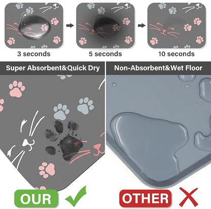 Patterned Cat & Dog Bowl Mat for Food and Water, 17"×30" Quick Dry Absorbent Pet Feeding Mat, Eco-Friendly Dog Placemat