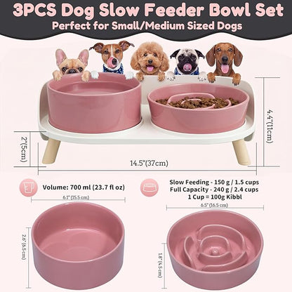 Elevated Slow Feeder Dog Bowls - Ceramic Food and Water Bowl Set with Stand - Raised Pet Dishes for Small and Medium Sized Dogs