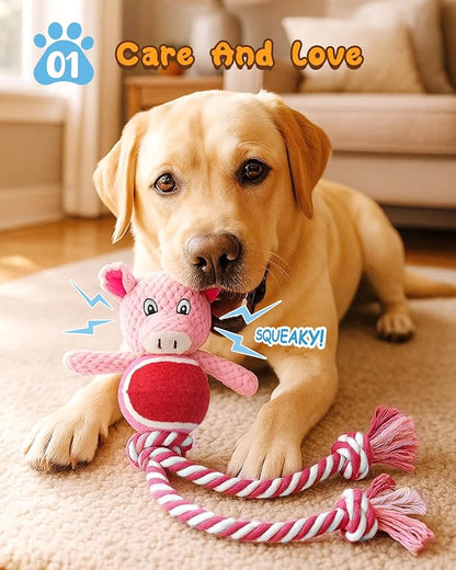 Swooflia Durable Squeaky Dog Toy - Interactive Plush Cute Pig with Rope Legs, Teeth Cleaning Tug Toy for Small Medium and Large Dogs, Puppy Chew Toy for Training and Play
