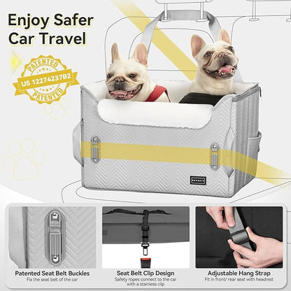 PETSFIT Dog Booster Car Seat, Waterproof PU Leather Car Seat for Dogs with Patented Safe Buckles, 2 Clip-On Safety Leashes, Suitable for 2 Small Dogs or a Medium Dog (Medium, Grey)