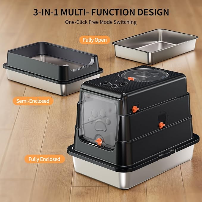 Stainless Steel Cat Litter Box with Lid, Enclosed Metal Litter Pan, Full Flip Cover Litter Box for Kittens & Small Animals, Include Scoop & Step, Leak Proof Easy Clean Odor Control-Black