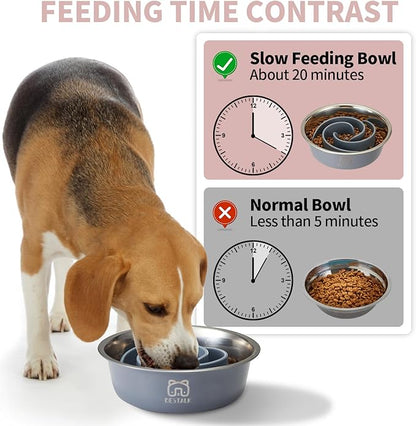 2-in-1 Metal Slow Feeder Dog Bowl, Bestalk Stainless Steel Dog Bowls with Silicone Slow Feeder Insert, Food Grade 304 Water Food Bowl with Anti-Slip Base for Small, Medium, Large Dogs