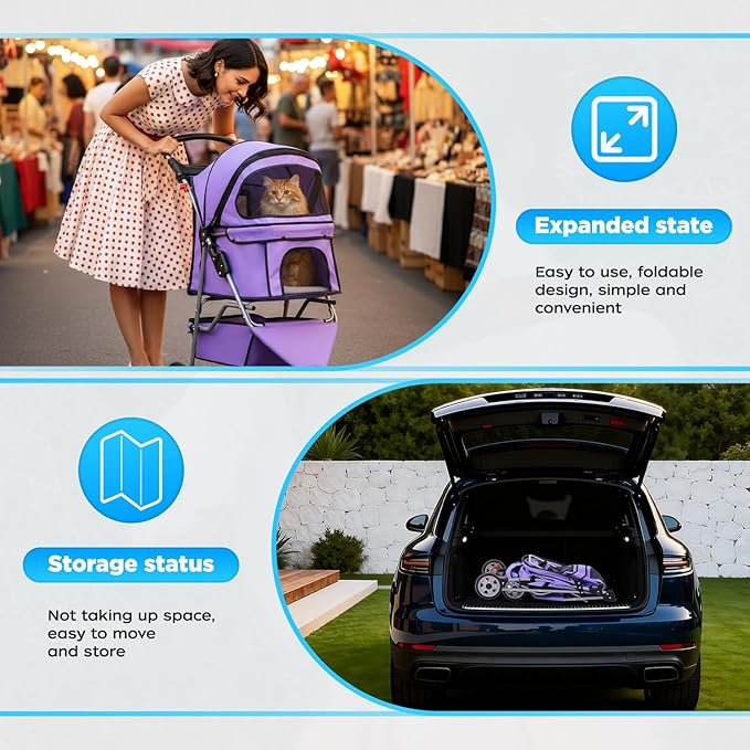 BestOffice Pet Stroller for Small Medium Dogs & Cats, 3-Wheel Foldable Dog Stroller with Cup Holder, Lightweight Travel Carrier, Waterproof Design for Outdoor Walks, Purple
