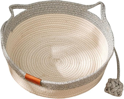 Handwoven Cat Basket with Toy Rope Ball, Foldable Scratchable Cat Hammock Bed, Breathable Cat Basket for Indoor Play Rest Sleeping (Grey)