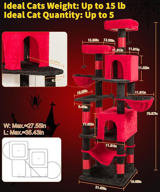 AMHANCIBLE Gothic Cat Tree, 70 Inch Tall Cat Tower for Indoor Cats, Multi-Level Cat Tree with Scratching Post, Hammock, Hanging Basket, Large Cat Condos for Adult Cats Kittens, Black Red, PT18RD