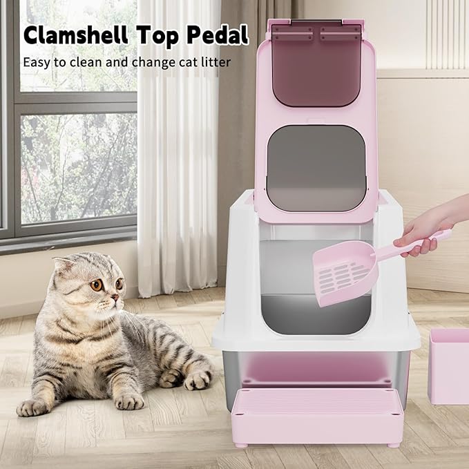 RIZZARI Enclosed Cat Litter Box: Large Top & Front Entry - High-Sided Anti-Scatter Design - Stainless Steel Odor Control - Easy Clean Teflon Non-Stick Coating- Pink Litter Pan - Entryway/Closet Nook