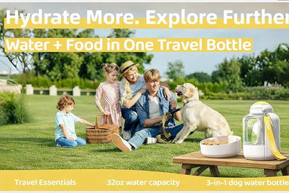 Dog Water Bottle with Food Container, 32oz Travel Dog Water Bottle (3 in 1), Leak Proof Portable Water for Dogs with Twist Dispensing, Outdoor Walking Hiking Camping Essentials