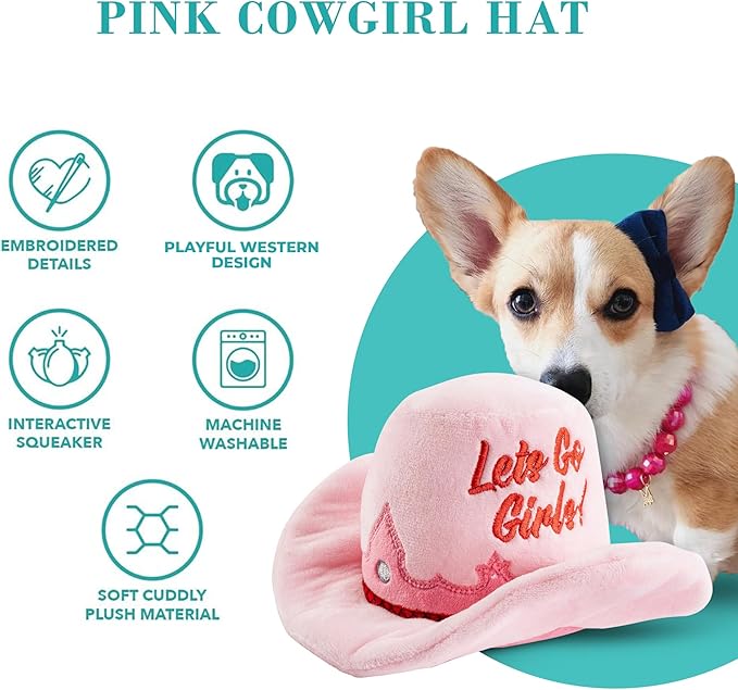 Haute Diggity Dog Cowgirl Hat Plush Dog Toy for Medium & Large Dogs, Western-Inspired Stuffed Dog Toys with Interactive Squeaker, Mesh Lining, Machine-Washable, Durable & Safe, One Size, Pink