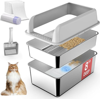 7" Deep Stainless Steel Sifting Litter Box for Pine Pellets, XL Stainless Steel Litter Box with Lid, Removable & Anti-Leakage, High Sides Metal Cat Litter Boxes for Big Cat, Non-Sticky, Easy Cleaning