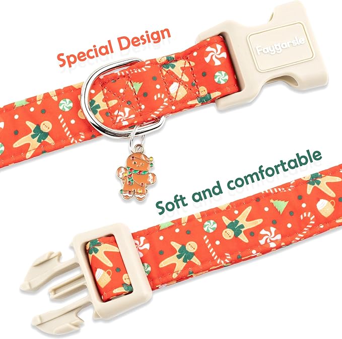 Faygarsle Christmas Dog Collar, Red Gingerbread Pattern, Plastic Buckle with Metal D-Ring, Holiday Pet Accessory, for Small Medium Large Dogs XS