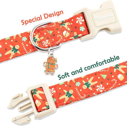 Faygarsle Christmas Dog Collar, Red Gingerbread Pattern, Plastic Buckle with Metal D-Ring, Holiday Pet Accessory, for Small Medium Large Dogs L