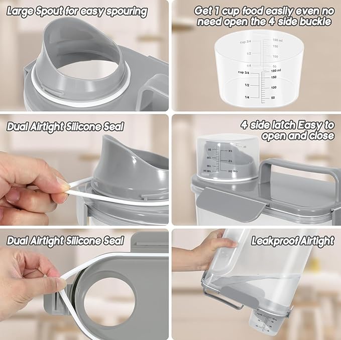 5-7Lbs Dog Cat Food Storage Container with Upgraded Large Nozzle BPA-free, 4 Snap Seals Plastic Pet Food Storage Containers with Handles (Light Gray, 5L-1pack)