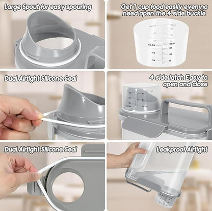 5-7Lbs Dog Cat Food Storage Container with Upgraded Large Nozzle BPA-free, 4 Snap Seals Plastic Pet Food Storage Containers with Handles (Light Gray, 5L-1pack)
