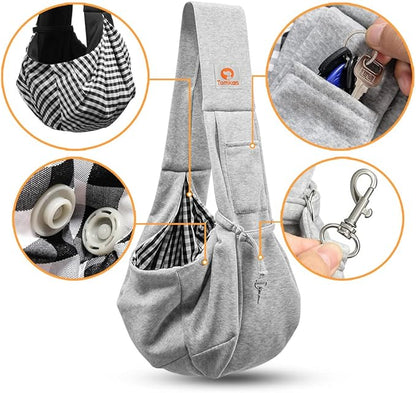 Tomkas Small Dog Cat Sling Carrier Puppy Purse Travel Wrap Soft Crossbody Pet Bag (Gray, M - Classic Pocket & Classic Strap)