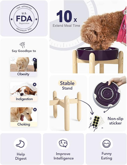 LE TAUCI Ceramic Slow Feed Dog Bowls, Elevated for Small and Medium Breed Dogs, Anti-Gulping Pet Feeding Dishes, Maze Purple, 1.5 Cups