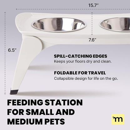 MalsiPree Elevated Dog Bowls - Puppy Adoption Gifts & Cute Puppy Accessories - Raised Feeding Station & Stainless Steel Bowls - Food and Bowls Set - Dog Birthday Gifts for Small Pets - White