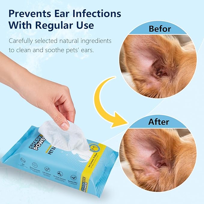 Bamboo Pet Ear Wipes for Dogs & Cats, Gently Clean Dirt, Wax & Odor, Daily Ear Care (70)