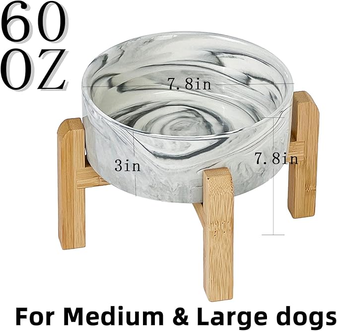 Elevated/Raised Ceramic Dog Bowl with Bamboo Stand,Marble Pattern 7 Inch 7.6 Cups Non Slip Heavy Weighted Single Pet Dish,Reduces Neck Strain Marble Gray